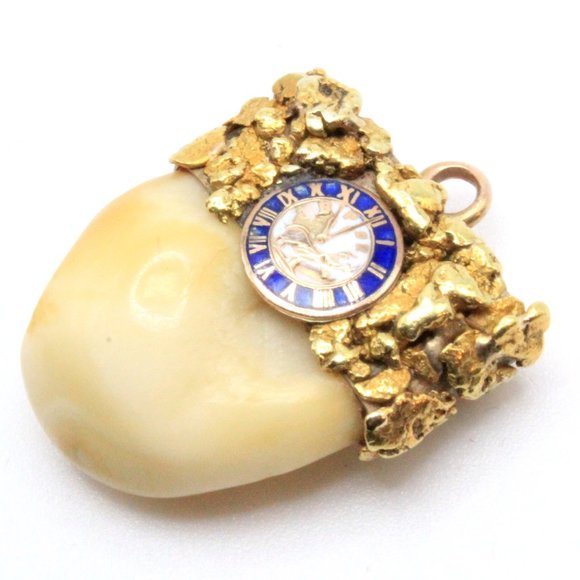 Antique 14K & 24K Gold Cast Elk Tooth BPOE Clock Masonic Nugget Pendant - Picture 3 of 6